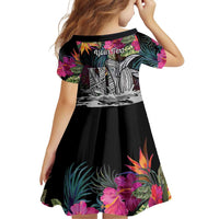 Personalised Hawaii Family Matching Summer Maxi Dress and Hawaiian Shirt Humpback Whale Tattoo With Tropical Flowers Black
