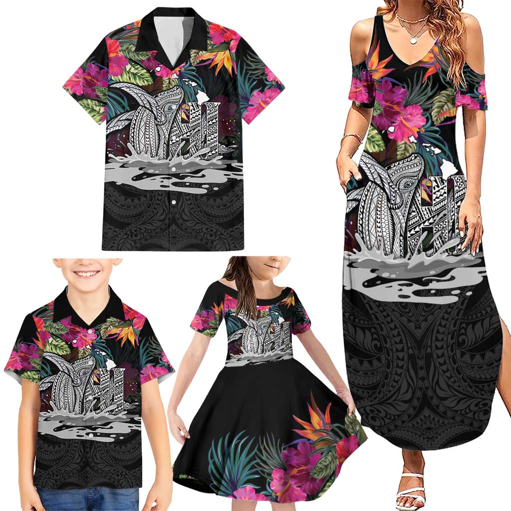 Personalised Hawaii Family Matching Summer Maxi Dress and Hawaiian Shirt Humpback Whale Tattoo With Tropical Flowers Black