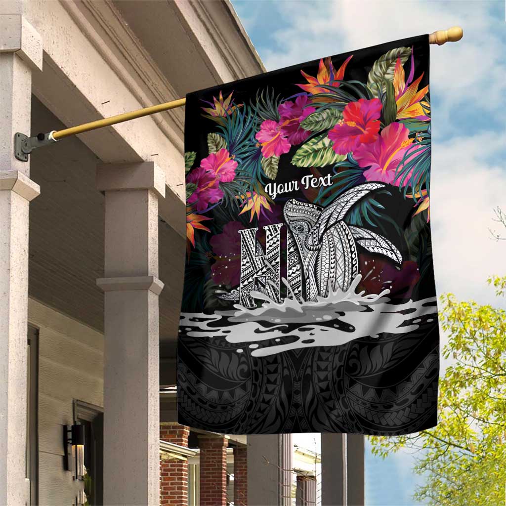 Personalised Hawaii Garden Flag Humpback Whale Tattoo With Tropical Flowers Black LT14 House Flag Black - Polynesian Pride