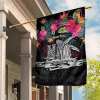 Personalised Hawaii Garden Flag Humpback Whale Tattoo With Tropical Flowers Black LT14 House Flag Black - Polynesian Pride