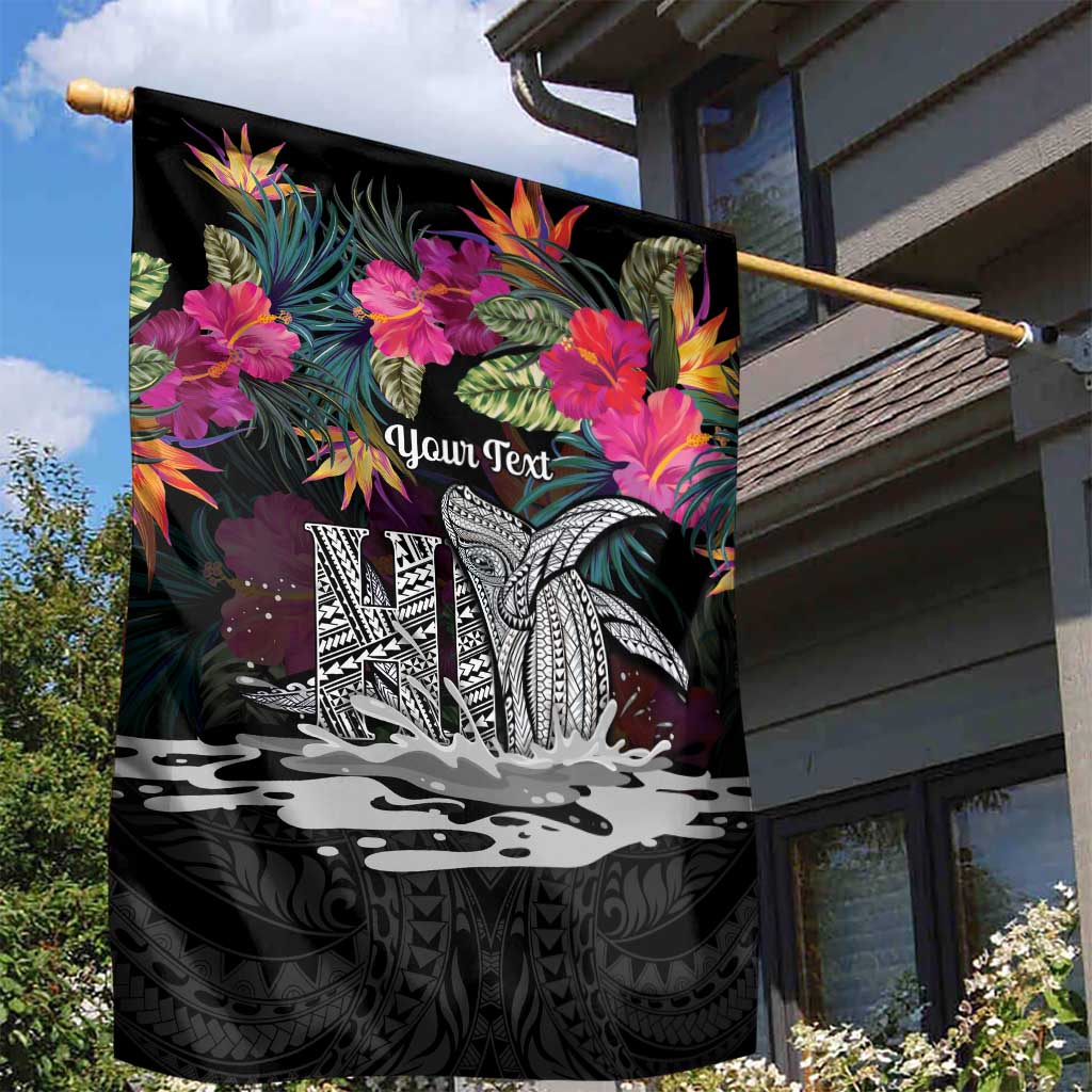 Personalised Hawaii Garden Flag Humpback Whale Tattoo With Tropical Flowers Black LT14 - Polynesian Pride