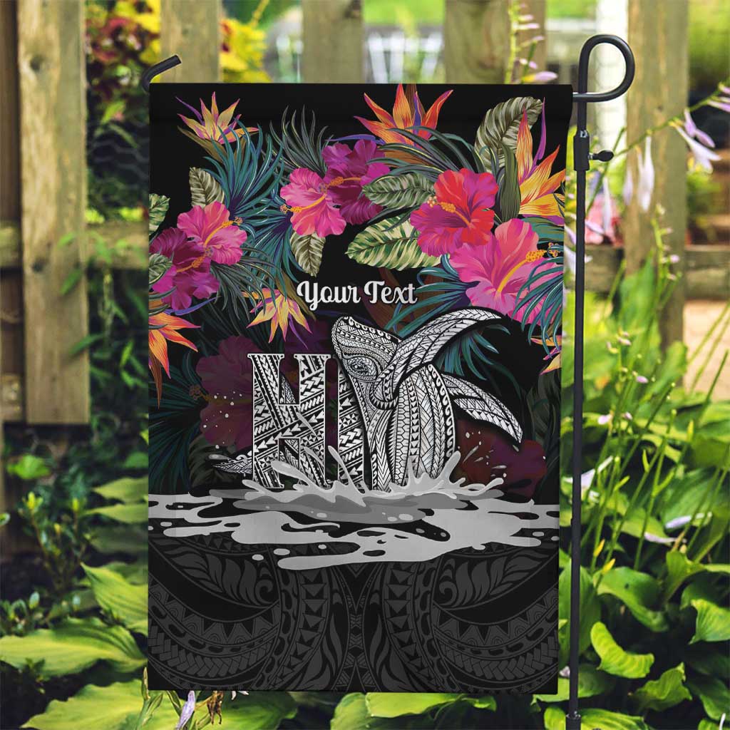 Personalised Hawaii Garden Flag Humpback Whale Tattoo With Tropical Flowers Black LT14 Garden Flag Black - Polynesian Pride