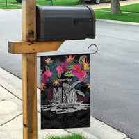 Personalised Hawaii Garden Flag Humpback Whale Tattoo With Tropical Flowers Black LT14 - Polynesian Pride