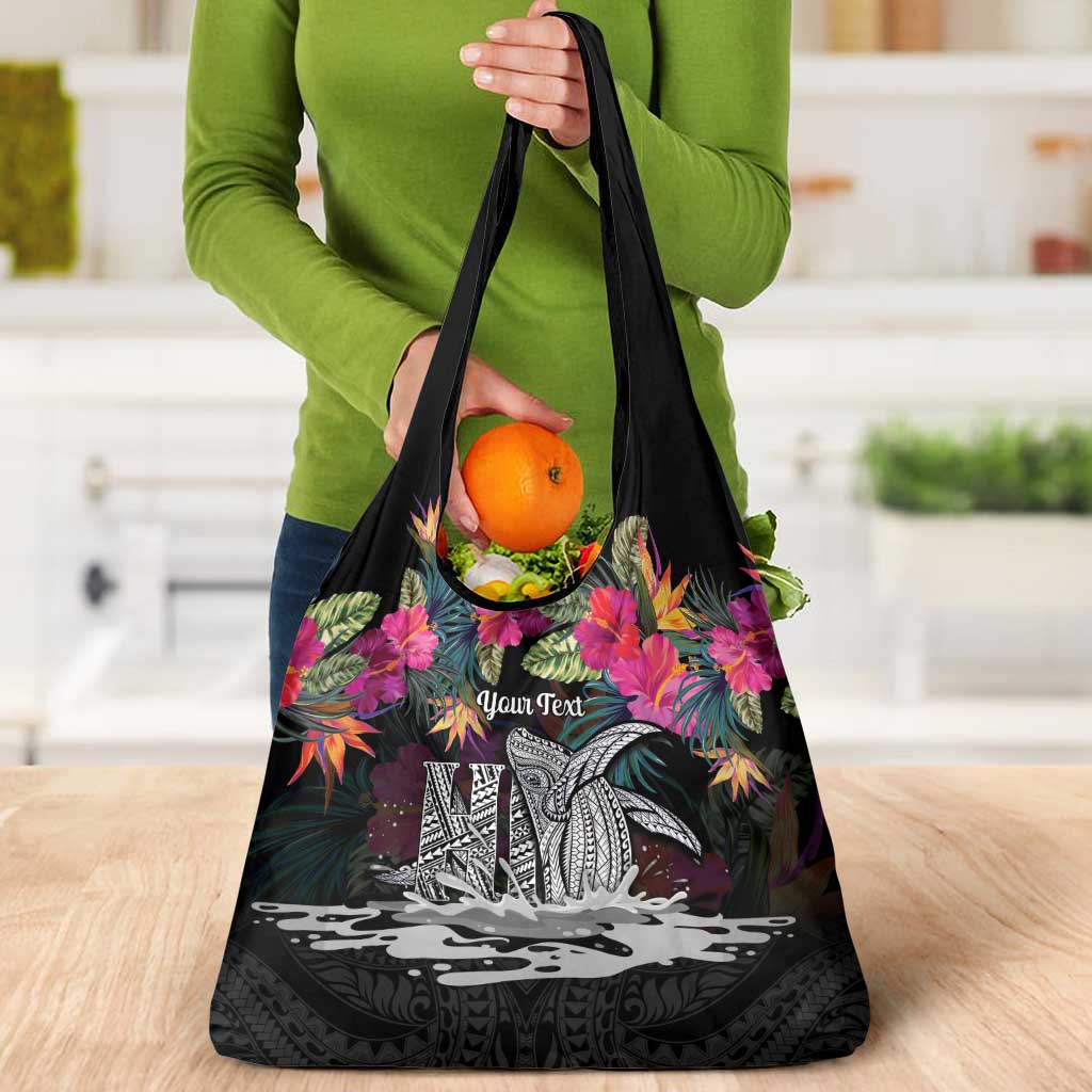 Personalised Hawaii Grocery Bag Humpback Whale Tattoo With Tropical Flowers Black LT14 - Polynesian Pride