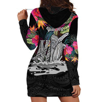 Personalised Hawaii Hoodie Dress Humpback Whale Tattoo With Tropical Flowers Black