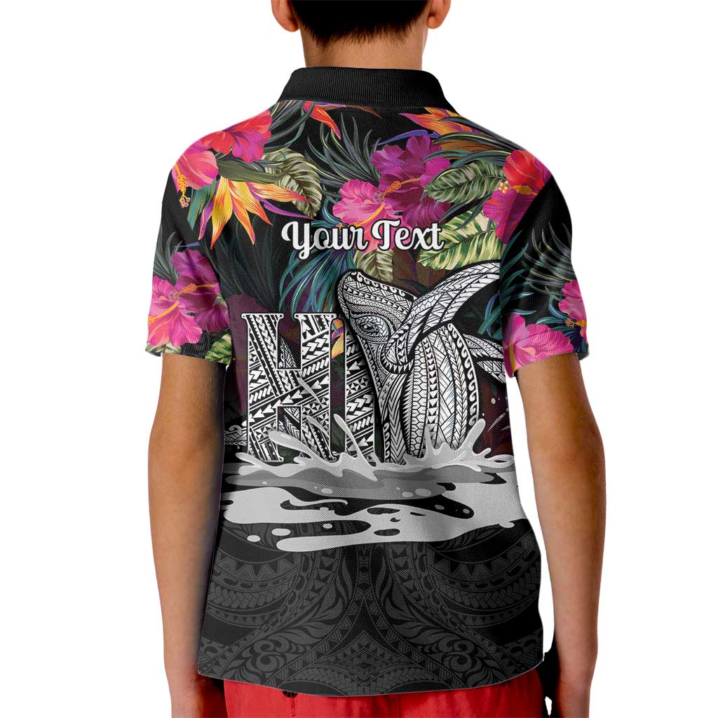 Personalised Hawaii Kid Polo Shirt Humpback Whale Tattoo With Tropical Flowers Black