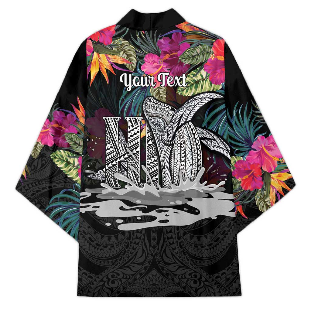 Personalised Hawaii Kimono Humpback Whale Tattoo With Tropical Flowers Black