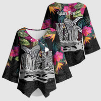 Personalised Hawaii Kimono Sleeve Blouse Humpback Whale Tattoo With Tropical Flowers Black