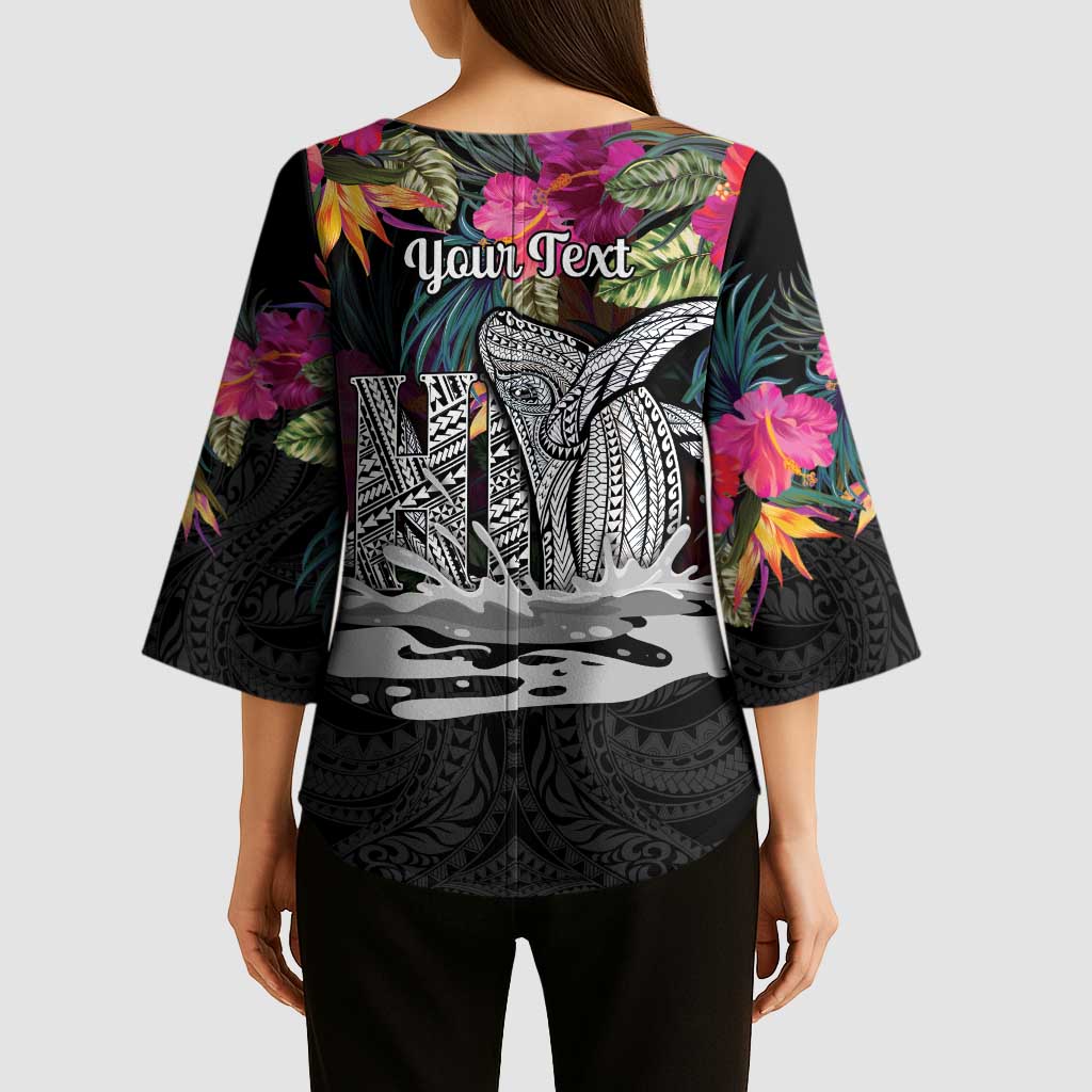 Personalised Hawaii Kimono Sleeve Blouse Humpback Whale Tattoo With Tropical Flowers Black