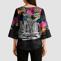 Personalised Hawaii Kimono Sleeve Blouse Humpback Whale Tattoo With Tropical Flowers Black