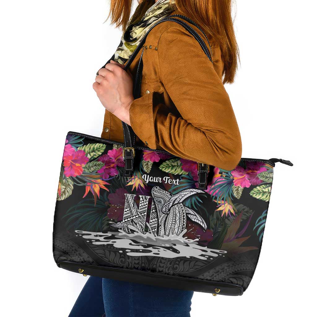 Personalised Hawaii Leather Tote Bag Humpback Whale Tattoo With Tropical Flowers Black