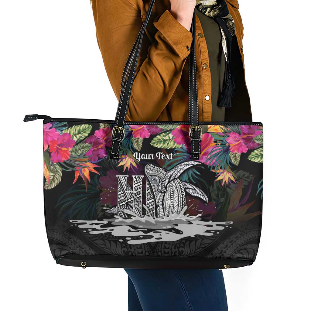 Personalised Hawaii Leather Tote Bag Humpback Whale Tattoo With Tropical Flowers Black