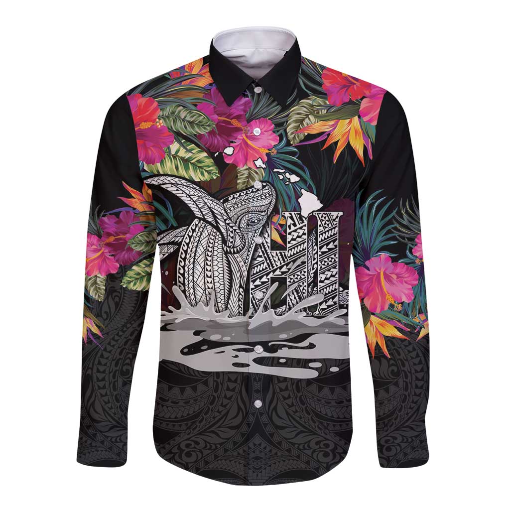 Personalised Hawaii Long Sleeve Button Shirt Humpback Whale Tattoo With Tropical Flowers Black LT14 Unisex Black - Polynesian Pride