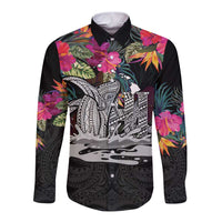Personalised Hawaii Long Sleeve Button Shirt Humpback Whale Tattoo With Tropical Flowers Black LT14 Unisex Black - Polynesian Pride