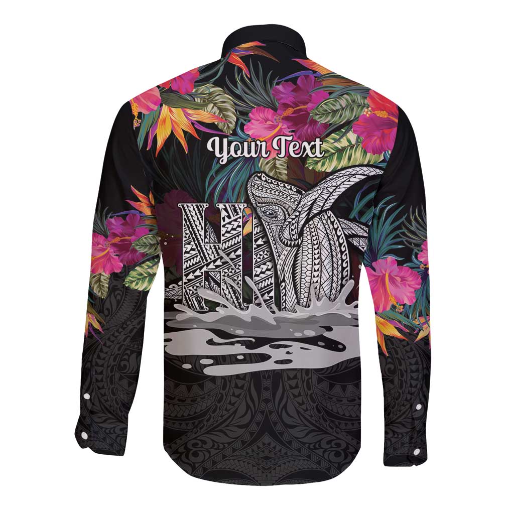 Personalised Hawaii Long Sleeve Button Shirt Humpback Whale Tattoo With Tropical Flowers Black LT14 - Polynesian Pride