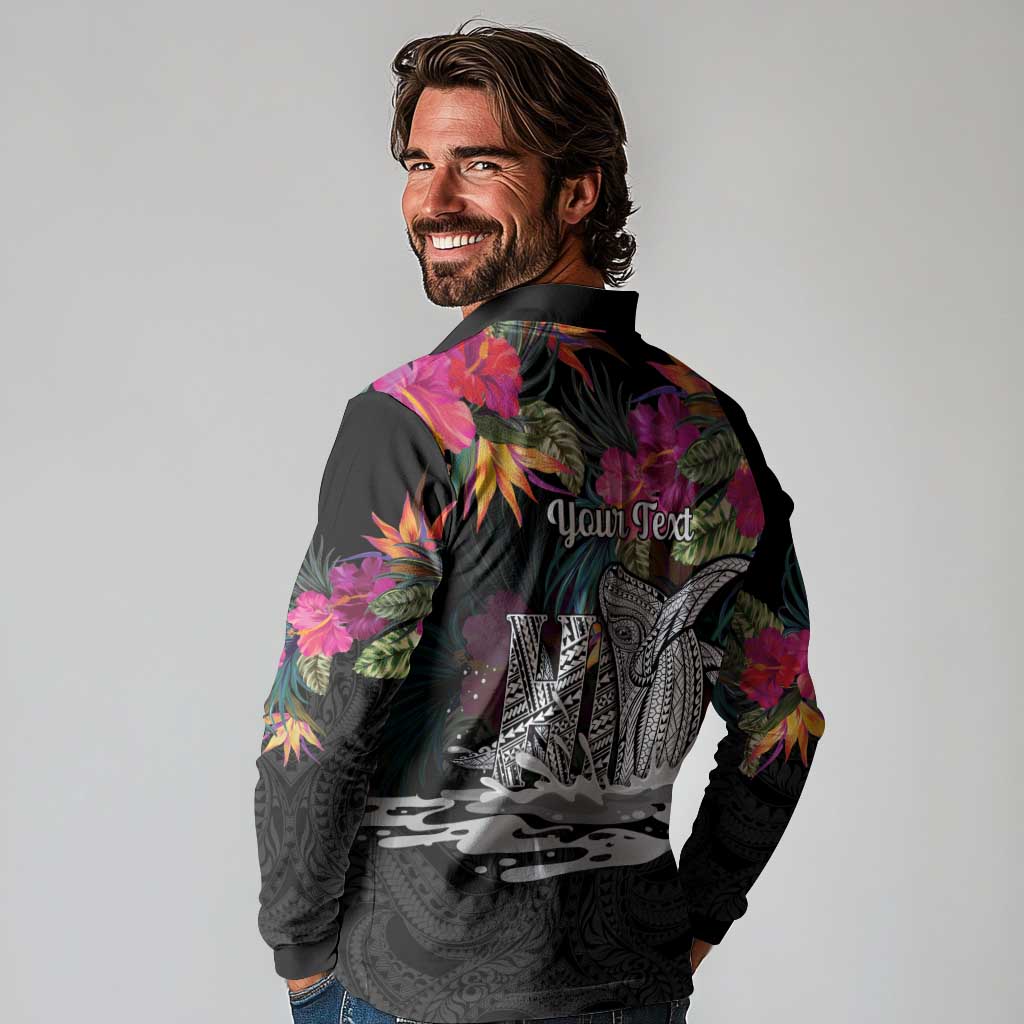 Personalised Hawaii Long Sleeve Polo Shirt Humpback Whale Tattoo With Tropical Flowers Black