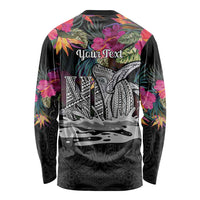 Personalised Hawaii Long Sleeve Shirt Humpback Whale Tattoo With Tropical Flowers Black