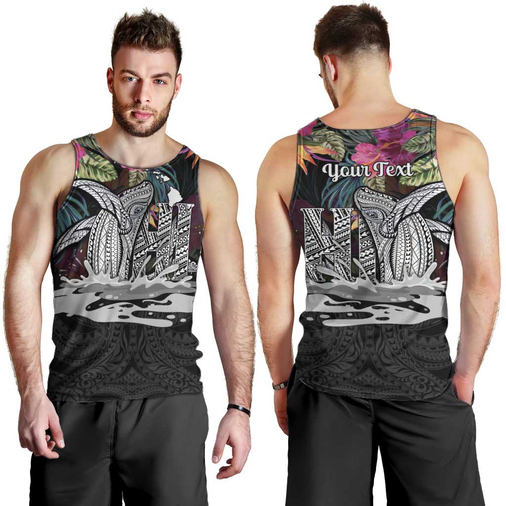 Personalised Hawaii Men Tank Top Humpback Whale Tattoo With Tropical Flowers Black