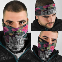 Personalised Hawaii Neck Gaiter Humpback Whale Tattoo With Tropical Flowers Black