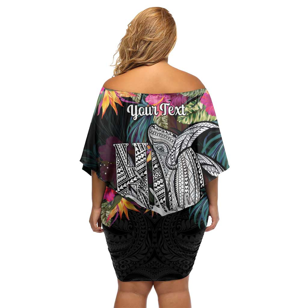 Personalised Hawaii Off Shoulder Short Dress Humpback Whale Tattoo With Tropical Flowers Black