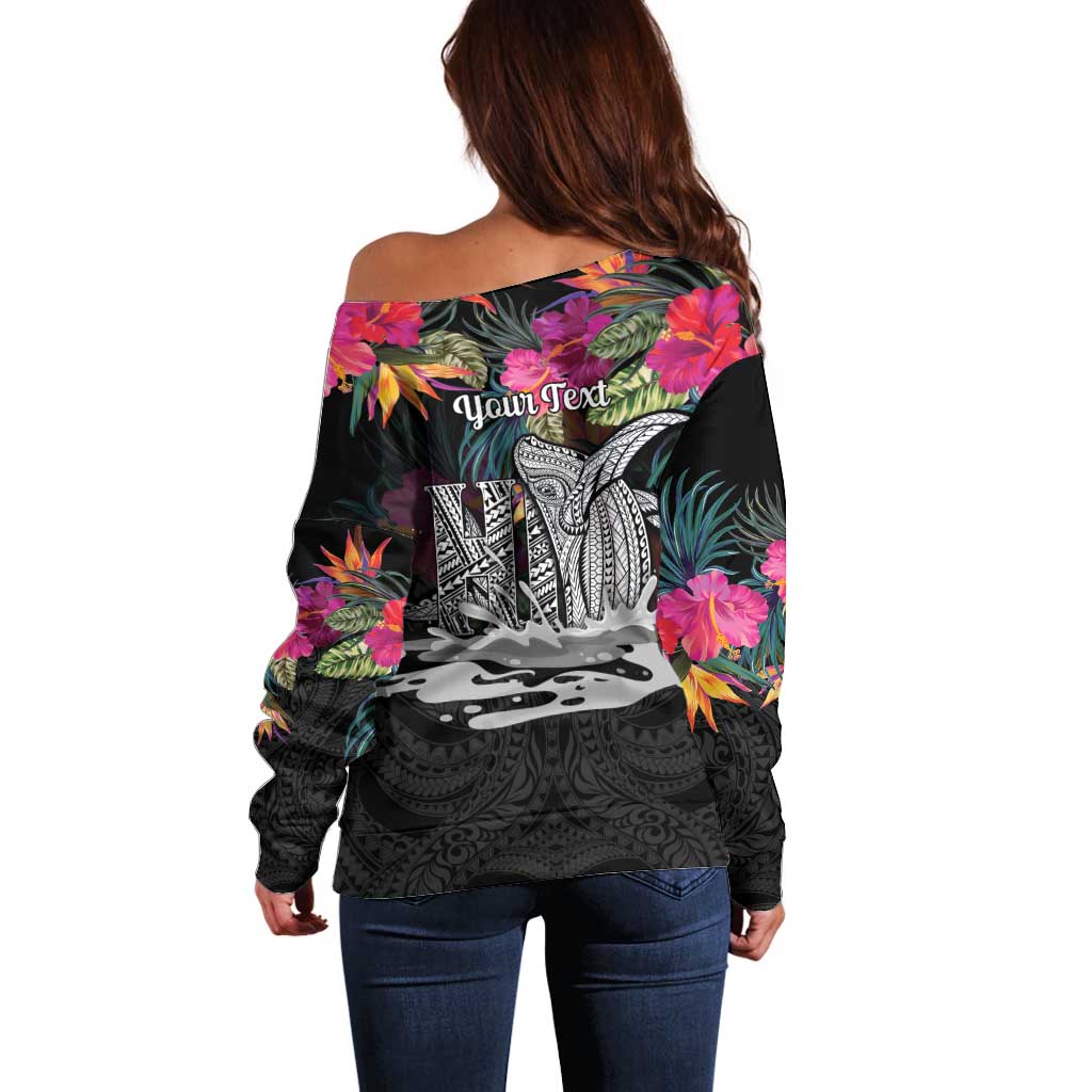Personalised Hawaii Off Shoulder Sweater Humpback Whale Tattoo With Tropical Flowers Black LT14 - Polynesian Pride