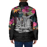 Personalised Hawaii Padded Jacket Humpback Whale Tattoo With Tropical Flowers Black
