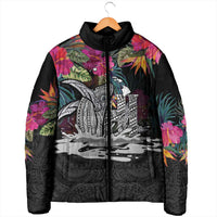 Personalised Hawaii Padded Jacket Humpback Whale Tattoo With Tropical Flowers Black