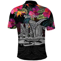 Personalised Hawaii Polo Shirt Humpback Whale Tattoo With Tropical Flowers Black