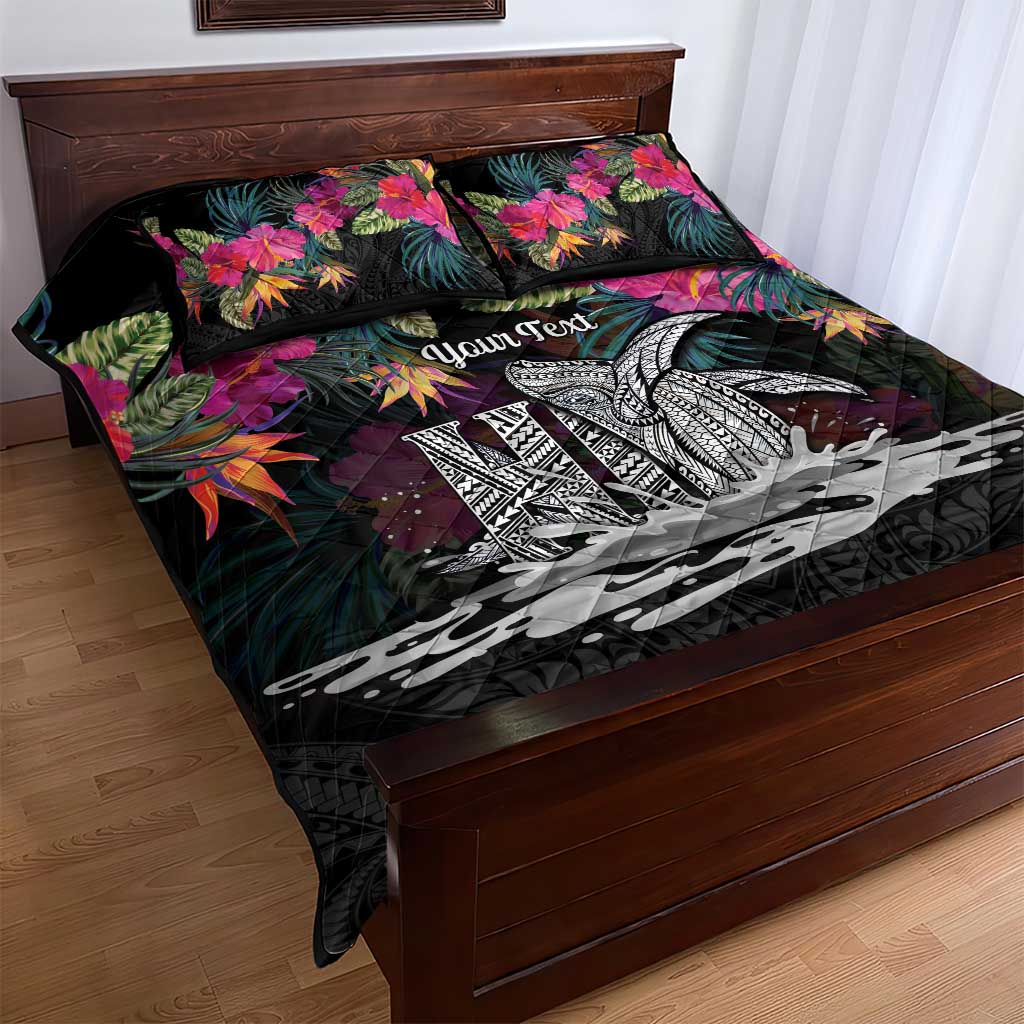 Personalised Hawaii Quilt Bed Set Humpback Whale Tattoo With Tropical Flowers Black