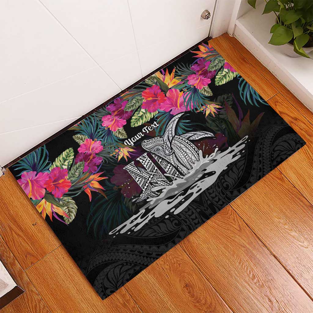 Personalised Hawaii Rubber Doormat Humpback Whale Tattoo With Tropical Flowers Black