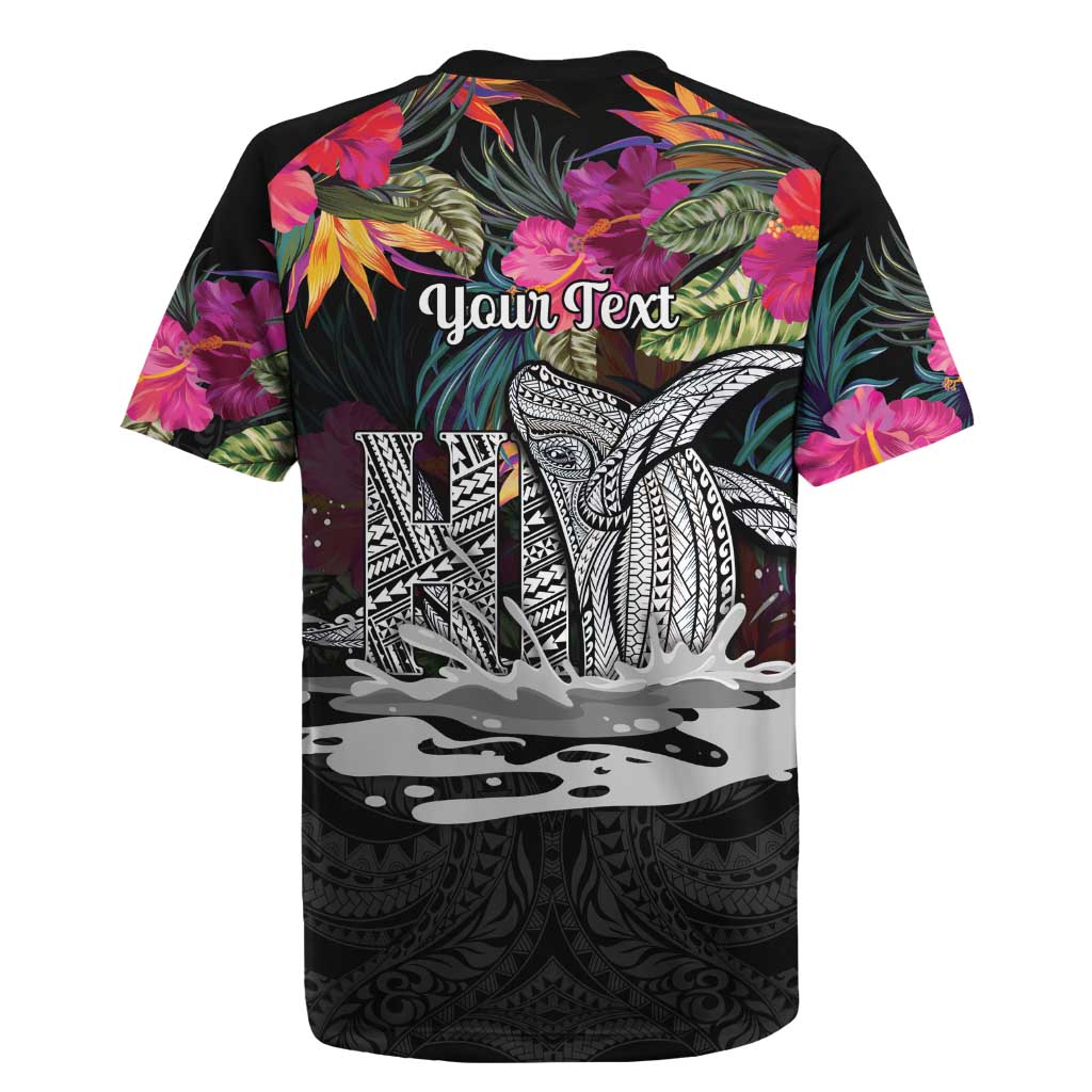 Personalised Hawaii Rugby Jersey Humpback Whale Tattoo With Tropical Flowers Black LT14 - Polynesian Pride