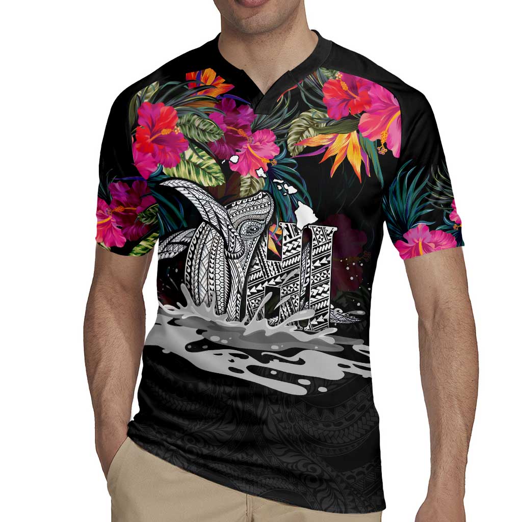Personalised Hawaii Rugby Jersey Humpback Whale Tattoo With Tropical Flowers Black LT14 - Polynesian Pride