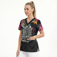 Personalised Hawaii Scrub Top Humpback Whale Tattoo With Tropical Flowers Black