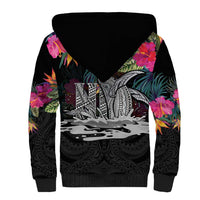 Personalised Hawaii Sherpa Hoodie Humpback Whale Tattoo With Tropical Flowers Black