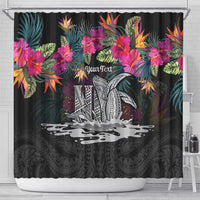 Personalised Hawaii Shower Curtain Humpback Whale Tattoo With Tropical Flowers Black LT14 - Polynesian Pride
