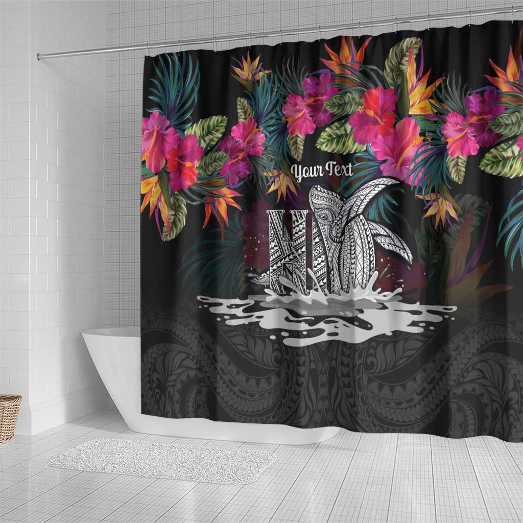 Personalised Hawaii Shower Curtain Humpback Whale Tattoo With Tropical Flowers Black LT14 - Polynesian Pride