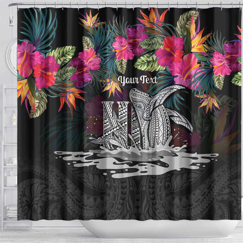 Personalised Hawaii Shower Curtain Humpback Whale Tattoo With Tropical Flowers Black LT14 - Polynesian Pride