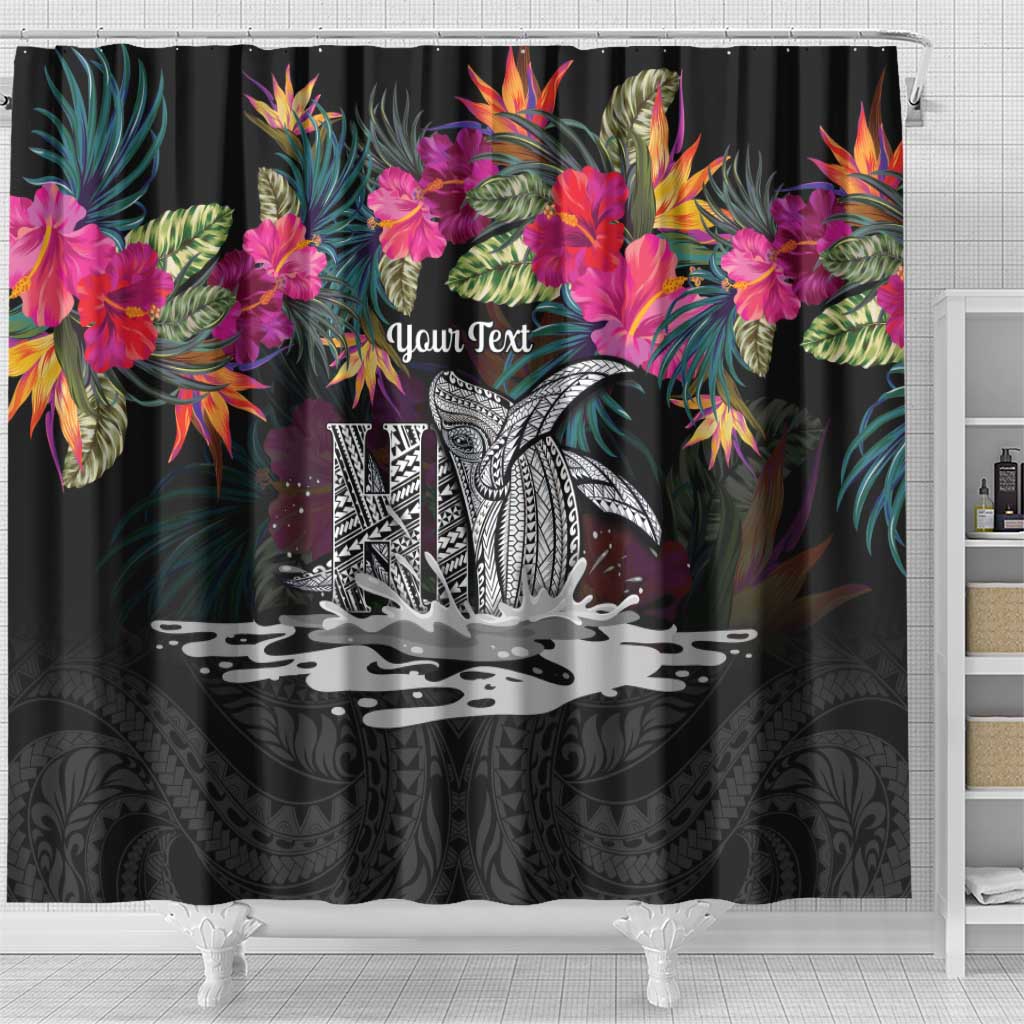 Personalised Hawaii Shower Curtain Humpback Whale Tattoo With Tropical Flowers Black LT14 - Polynesian Pride