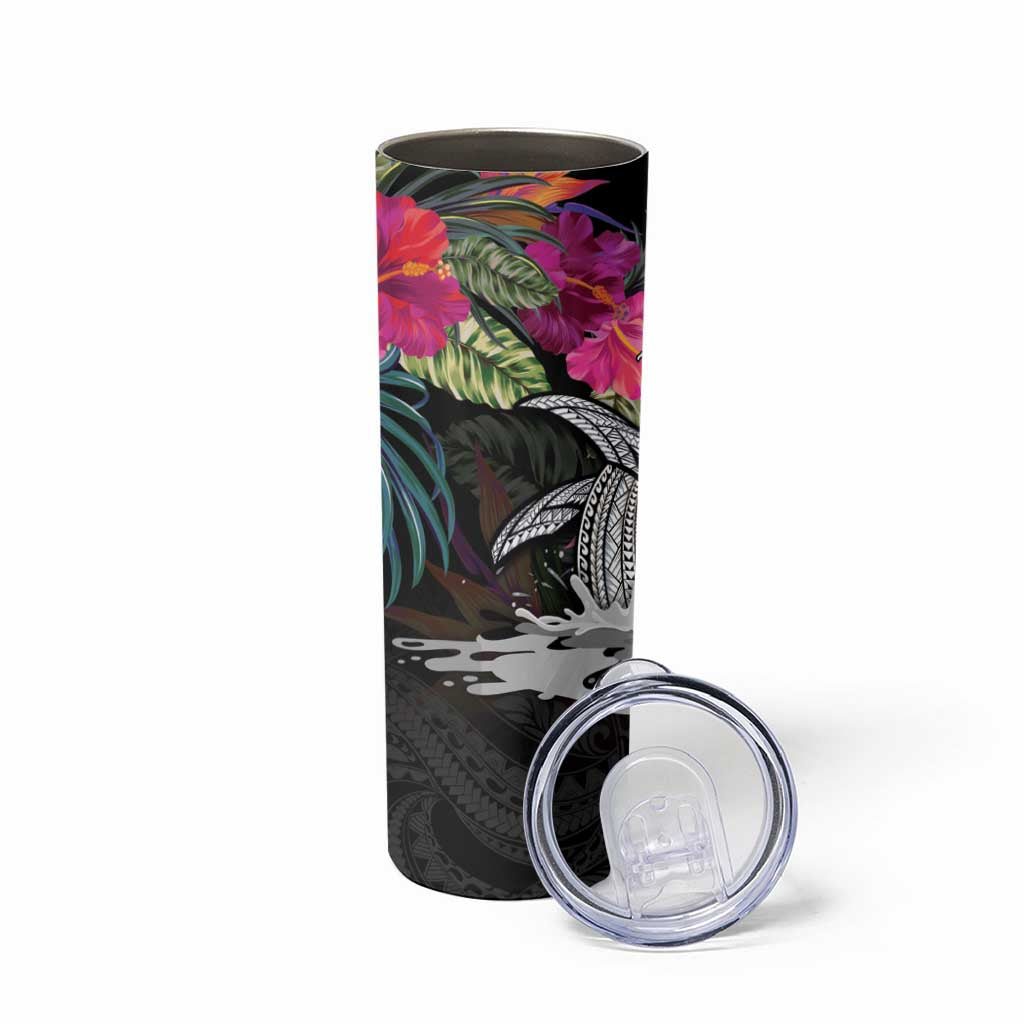 Personalised Hawaii Skinny Tumbler Humpback Whale Tattoo With Tropical Flowers Black