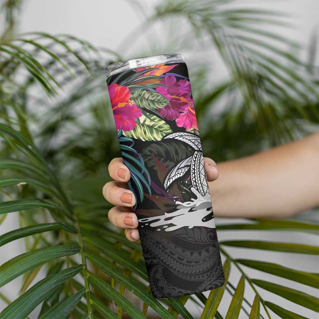 Personalised Hawaii Skinny Tumbler Humpback Whale Tattoo With Tropical Flowers Black