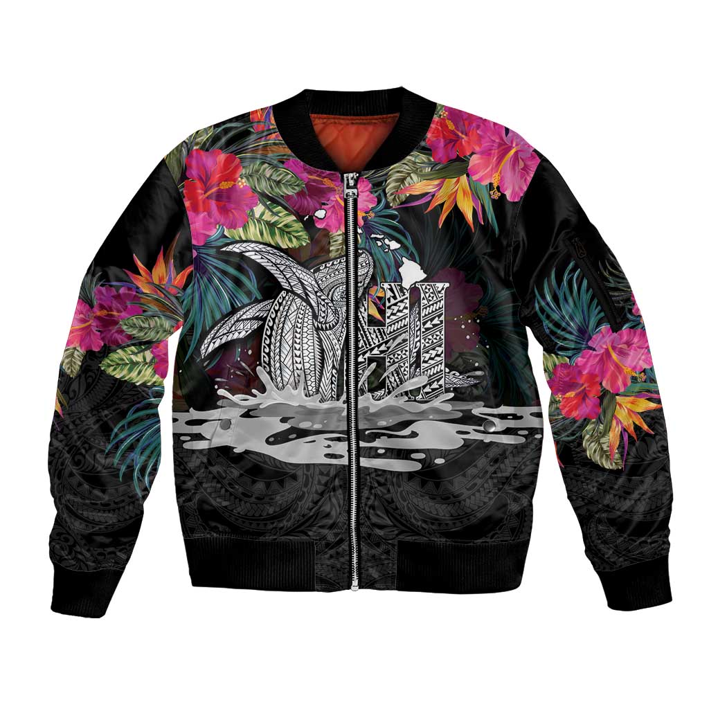Personalised Hawaii Sleeve Zip Bomber Jacket Humpback Whale Tattoo With Tropical Flowers Black
