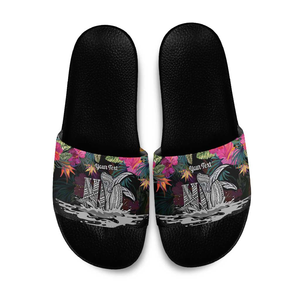 Personalised Hawaii Slide Sandals Humpback Whale Tattoo With Tropical Flowers Black LT14 Black - Polynesian Pride