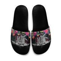 Personalised Hawaii Slide Sandals Humpback Whale Tattoo With Tropical Flowers Black LT14 Black - Polynesian Pride