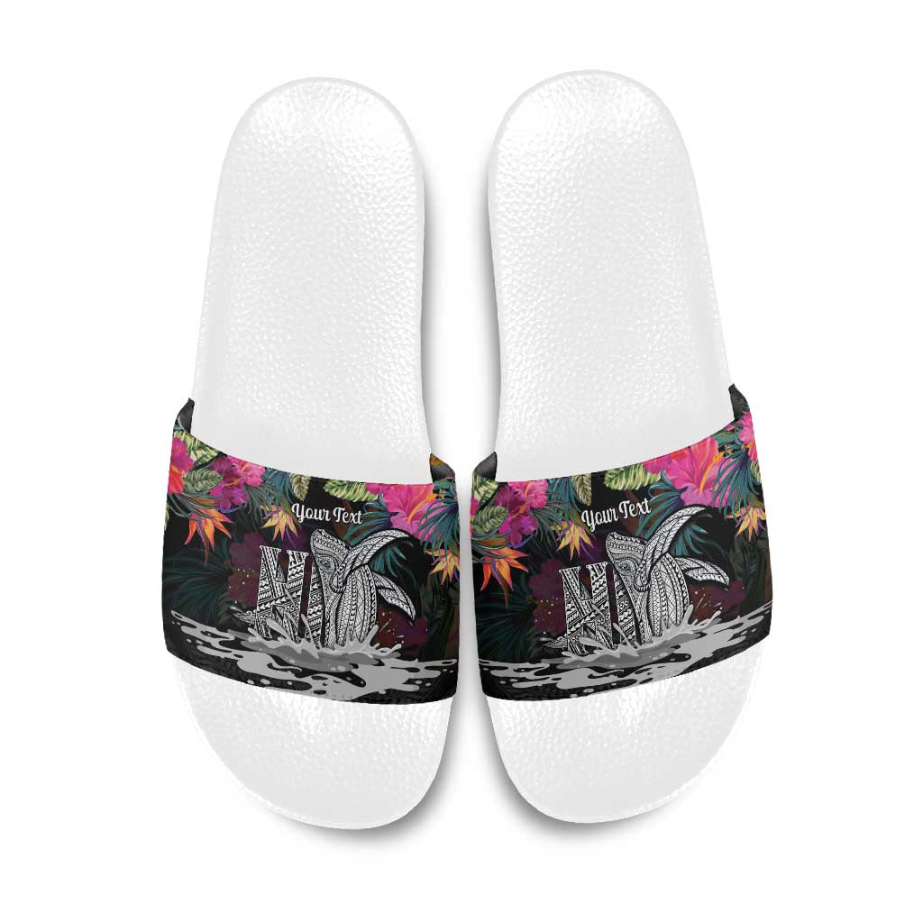 Personalised Hawaii Slide Sandals Humpback Whale Tattoo With Tropical Flowers Black LT14 Black - Polynesian Pride