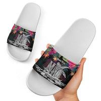 Personalised Hawaii Slide Sandals Humpback Whale Tattoo With Tropical Flowers Black LT14 - Polynesian Pride
