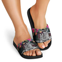Personalised Hawaii Slide Sandals Humpback Whale Tattoo With Tropical Flowers Black LT14 - Polynesian Pride