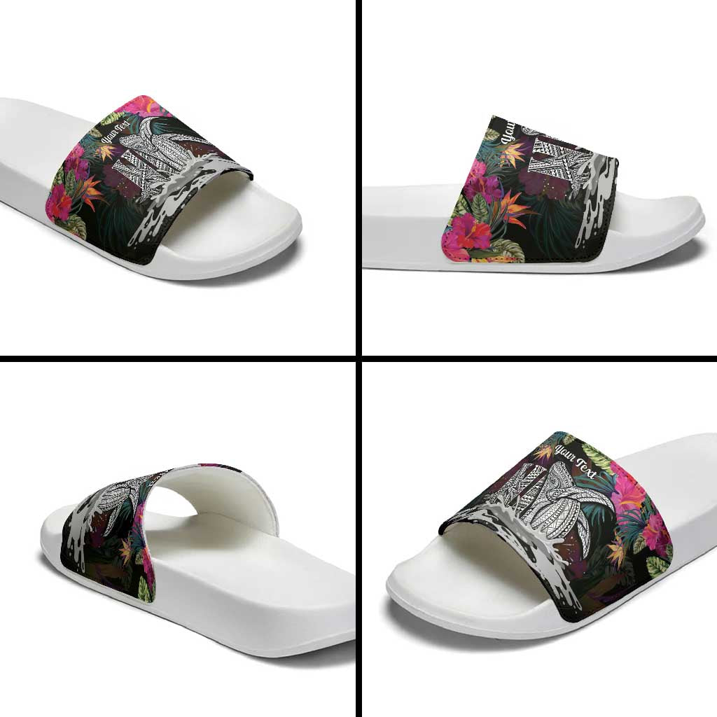 Personalised Hawaii Slide Sandals Humpback Whale Tattoo With Tropical Flowers Black LT14 - Polynesian Pride
