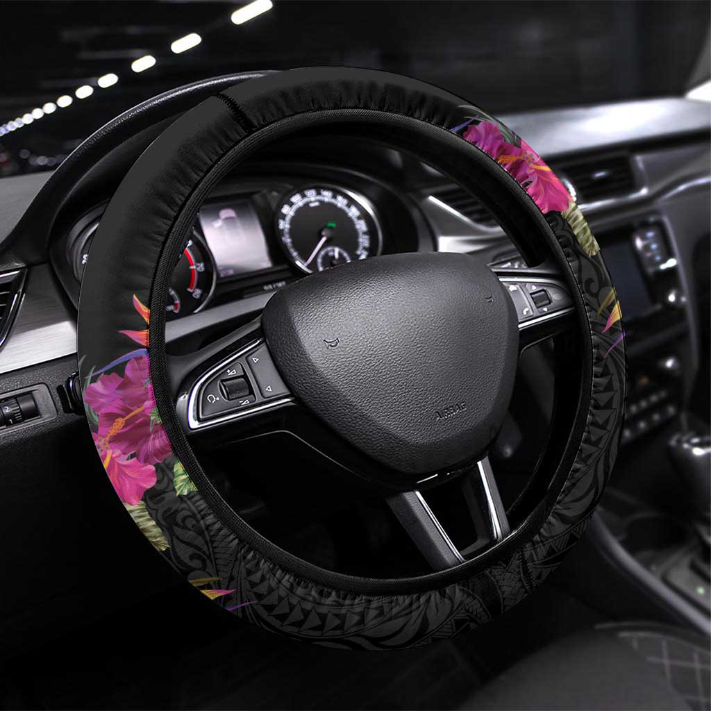 Hawaii Steering Wheel Cover Humpback Whale Tattoo With Tropical Flowers Black LT14 Universal Fit Black - Polynesian Pride