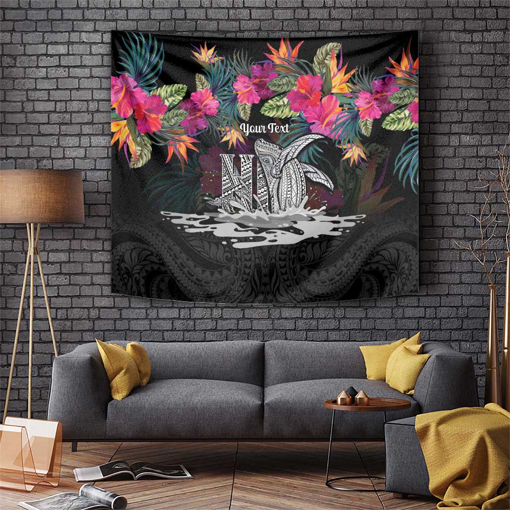Personalised Hawaii Tapestry Humpback Whale Tattoo With Tropical Flowers Black