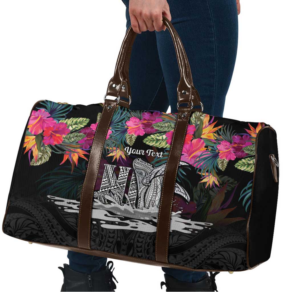 Personalised Hawaii Travel Bag Humpback Whale Tattoo With Tropical Flowers Black LT14 - Polynesian Pride